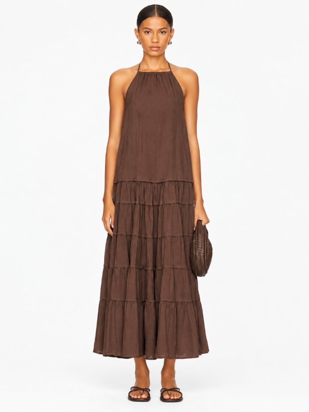 Free People Somewhere Sunny Drop-Waist Maxi Dress Brown Halter XS NWT